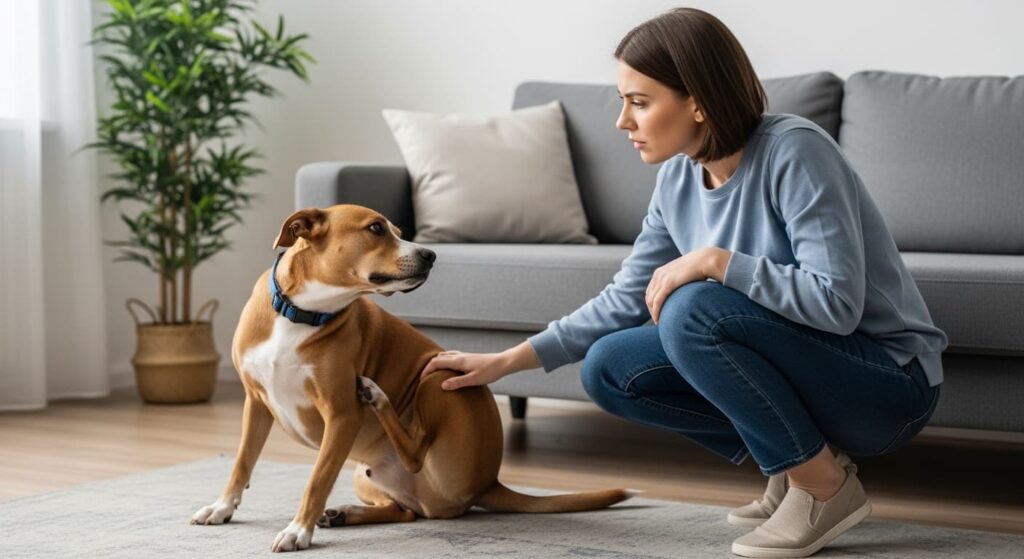 Perro rascándose parte de su cuerpo causado por alergia o intolerancia alimentaria.