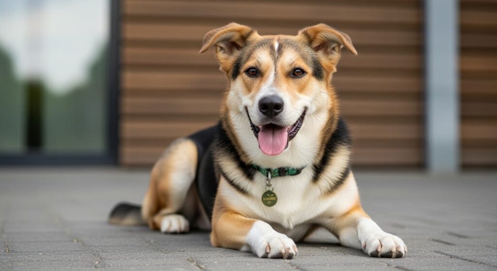 Perro reposando tranquilo y feliz en el suelo de su casa.