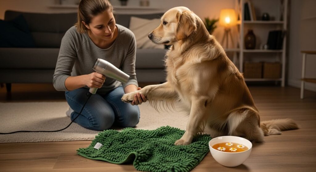 Tutor secando las patas de su perro con un secador para prevenir hongos.