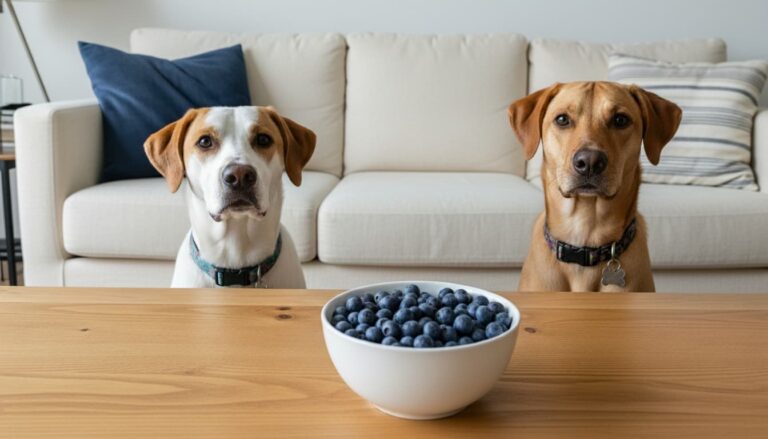 Dos perros con digestiones sensibles observando un bol de arándanos.