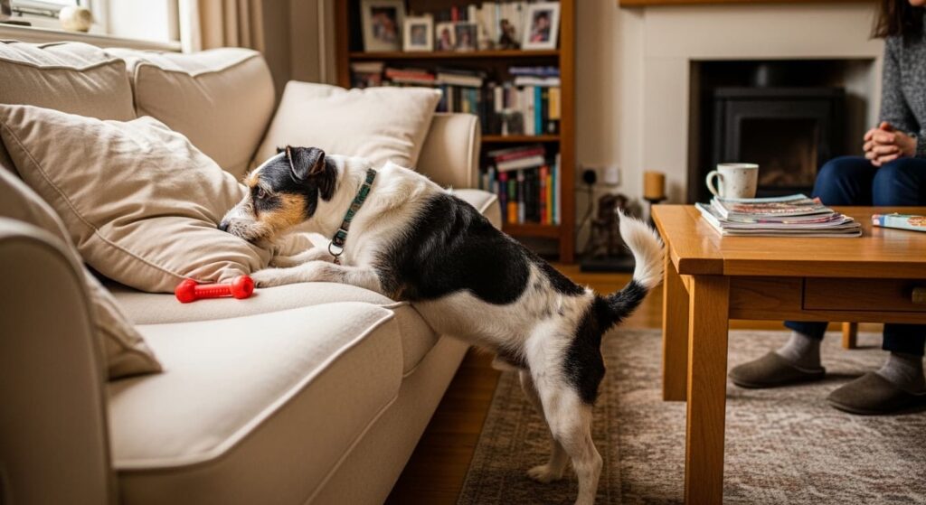 Perro buscando sus premios escondidos en el sofá de su casa.