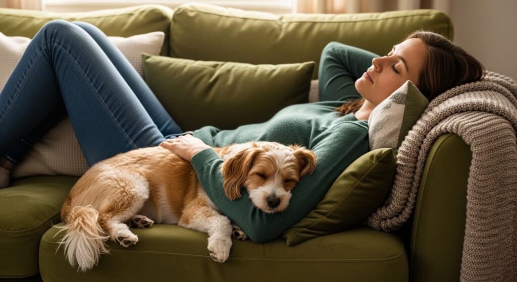 Perro descansando con su tutora en el sofá.