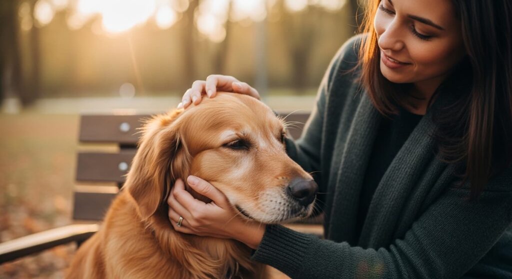 Perro tranquilo en el parque con su tutora.