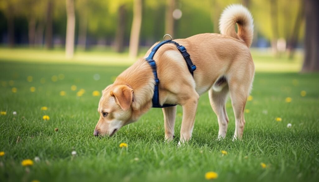 Perro disfrutando del olfateo en el parque.