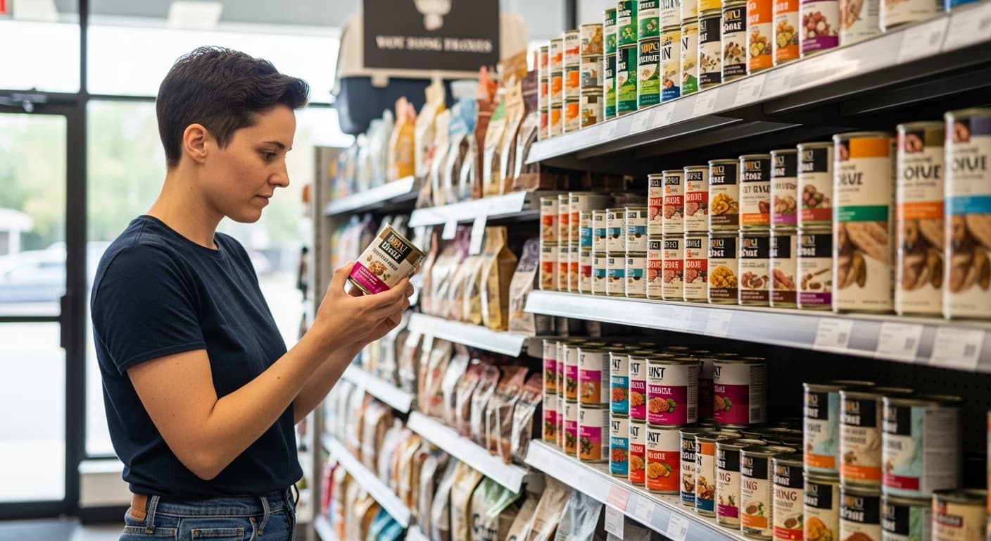 Tutor leyendo la etiqueta de una lata de comida húmeda para perros.