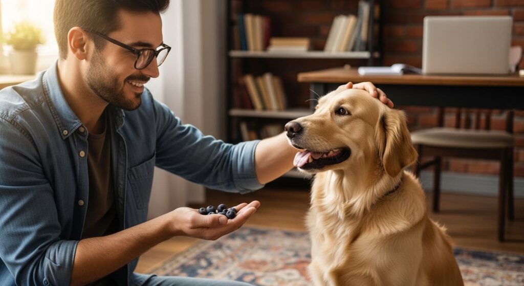 Tutor ofrece arándanos a su perro.