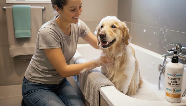 Tutora baña a su perro con champú para piel sensible.