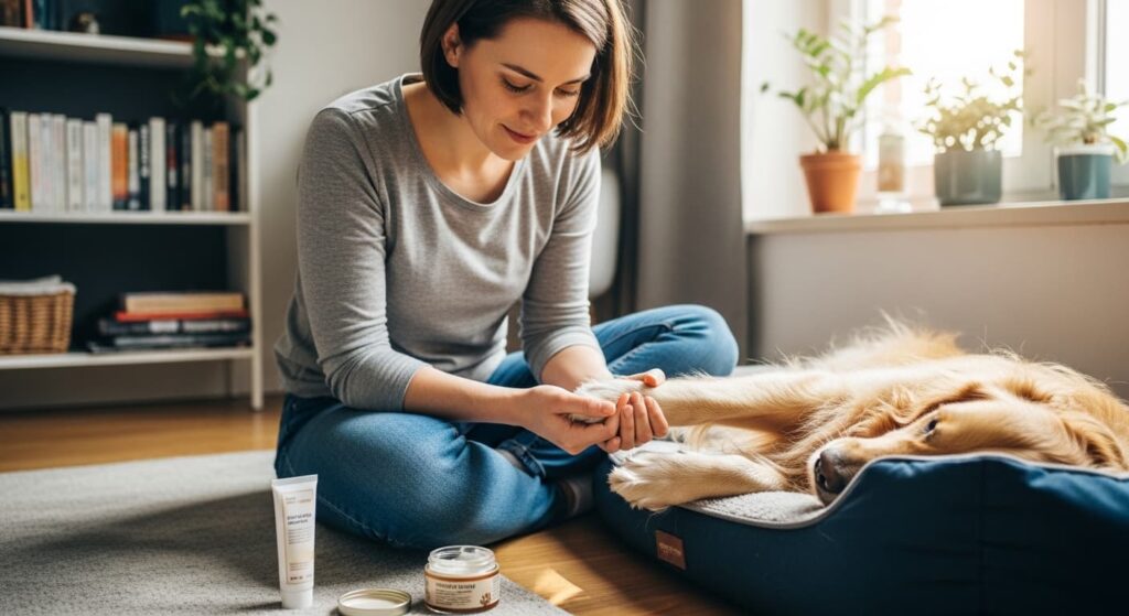 Tutora cuidando la pata de su perro.