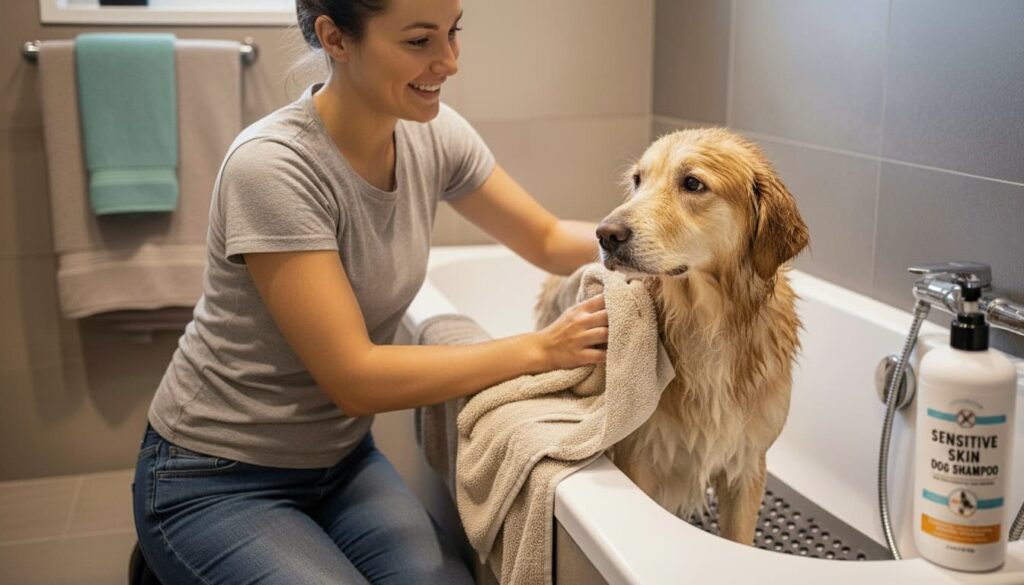 Tutora secando a su perro después del baño.