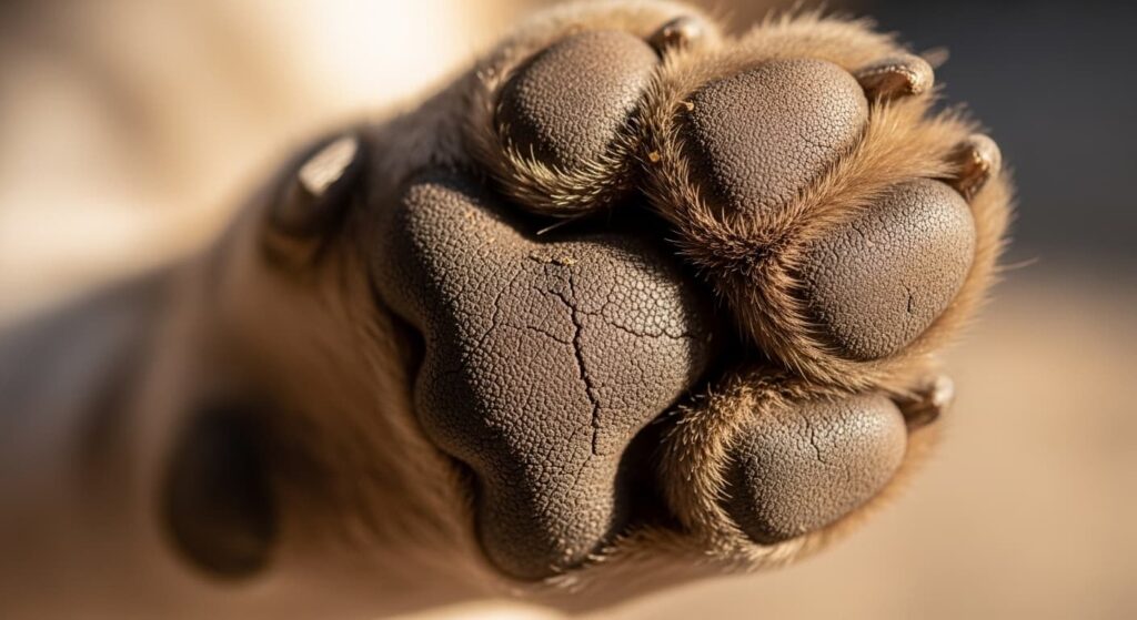 Pata de perro con grietas en su almohadilla. 