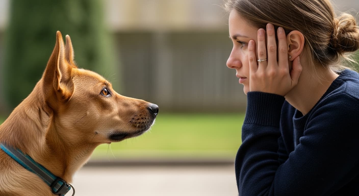 Perro mira detenidamente a su tutora porque la ve preocupada.
