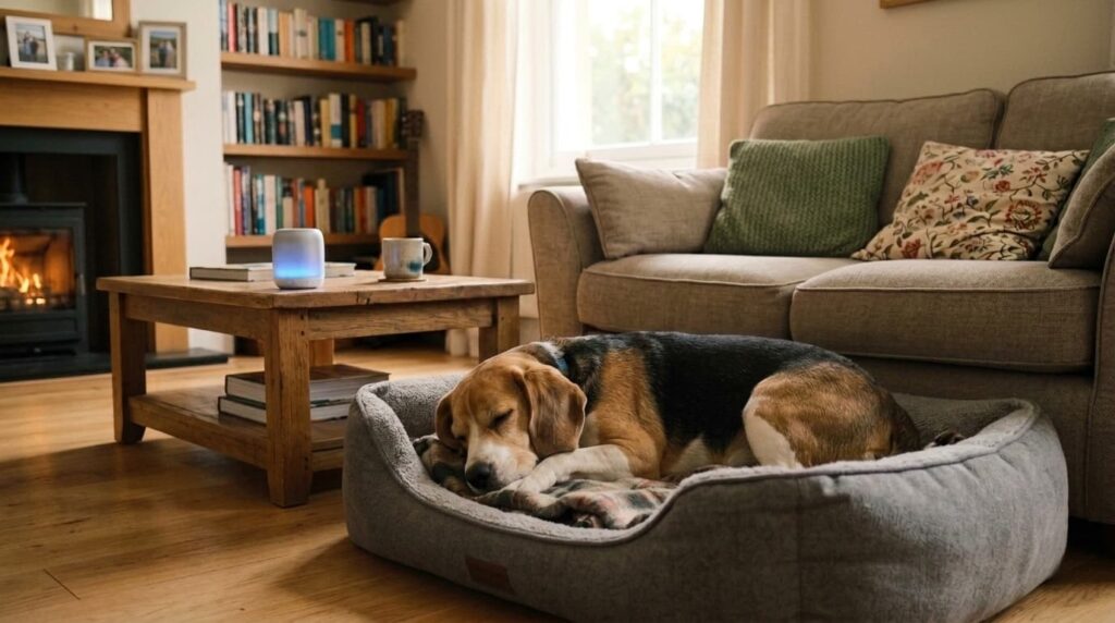 Perro durmiendo escuchando música relajante.