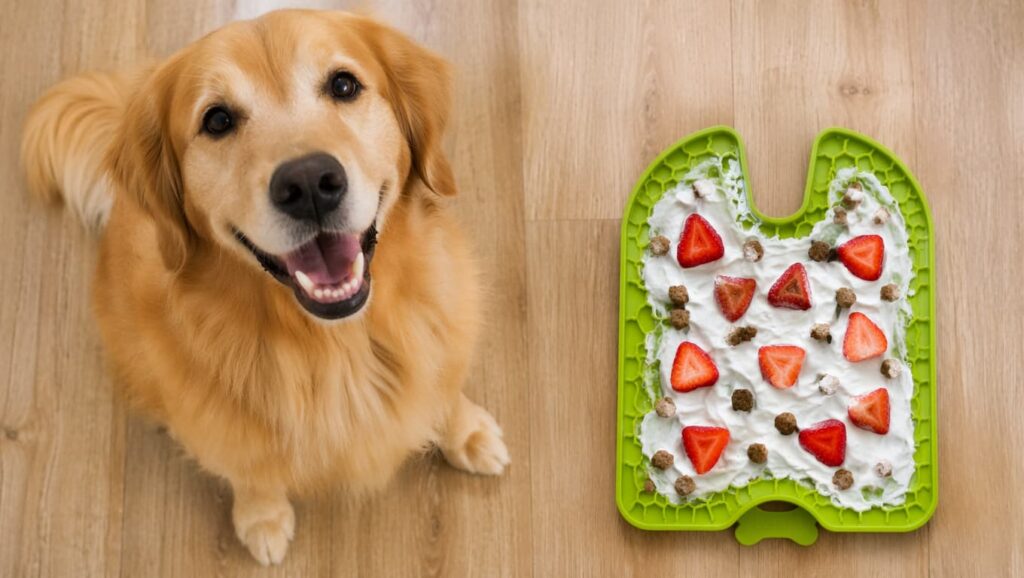 Golden retriever feliz con su lickimat de kefir de cabra con fresas.