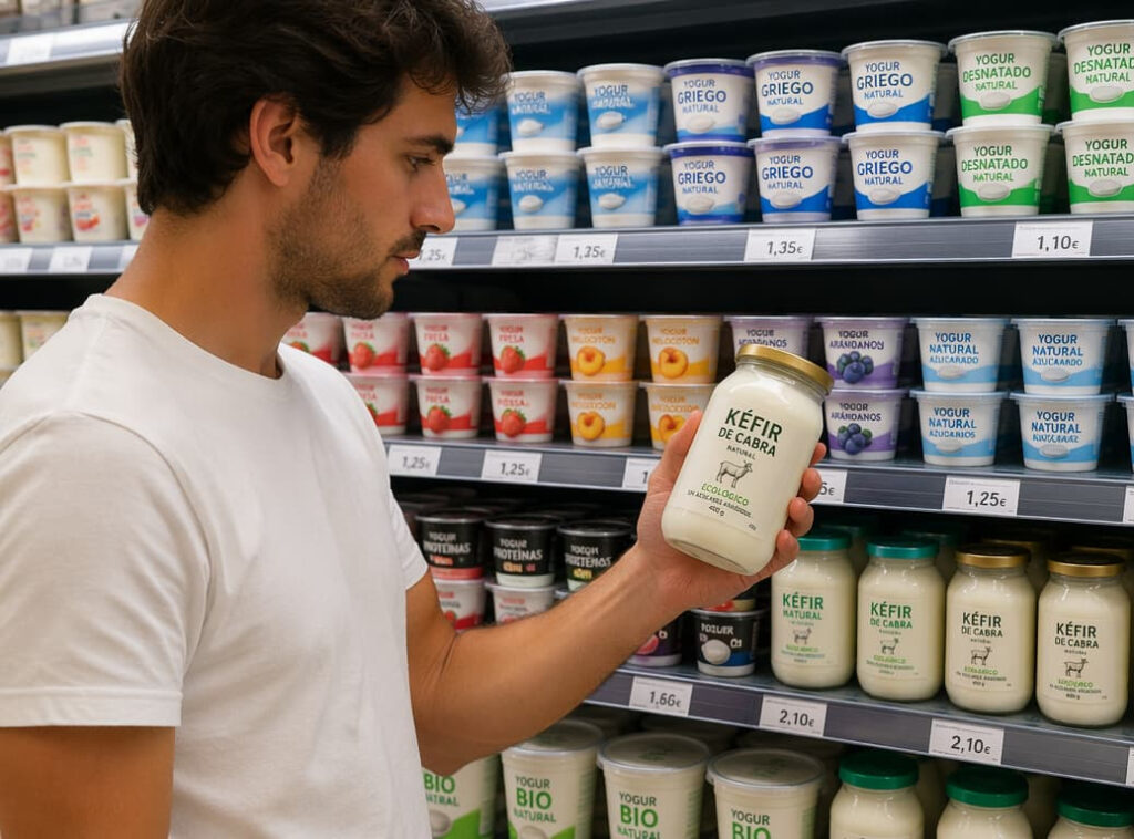 Tutor comprando kéfir de cabra en el supermercado para su perro.