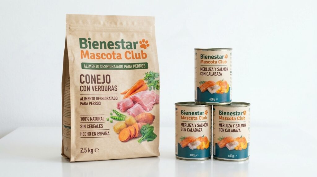 Bolsa de alimento deshidratado para perros sabor conejo con verduras y tres latas de comida húmeda de merluza, salmón y calabaza, todos con la marca Bienestar Mascota Club sobre una superficie blanca.