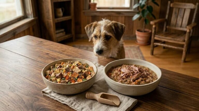 Perro mestizo asomándose por detrás de una mesa de madera rústica donde hay dos boles cerámicos con comida natural preparada para perros (carne, verduras y guisos). Fotografía de la revista Bienestar Mascota Club.