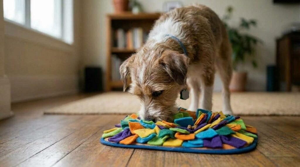 Perro mestizo agachado olfateando y buscando alimento dentro de una alfombra de olfato multicolor sobre el suelo de madera. Fotografía de la revista Bienestar Mascota Club.